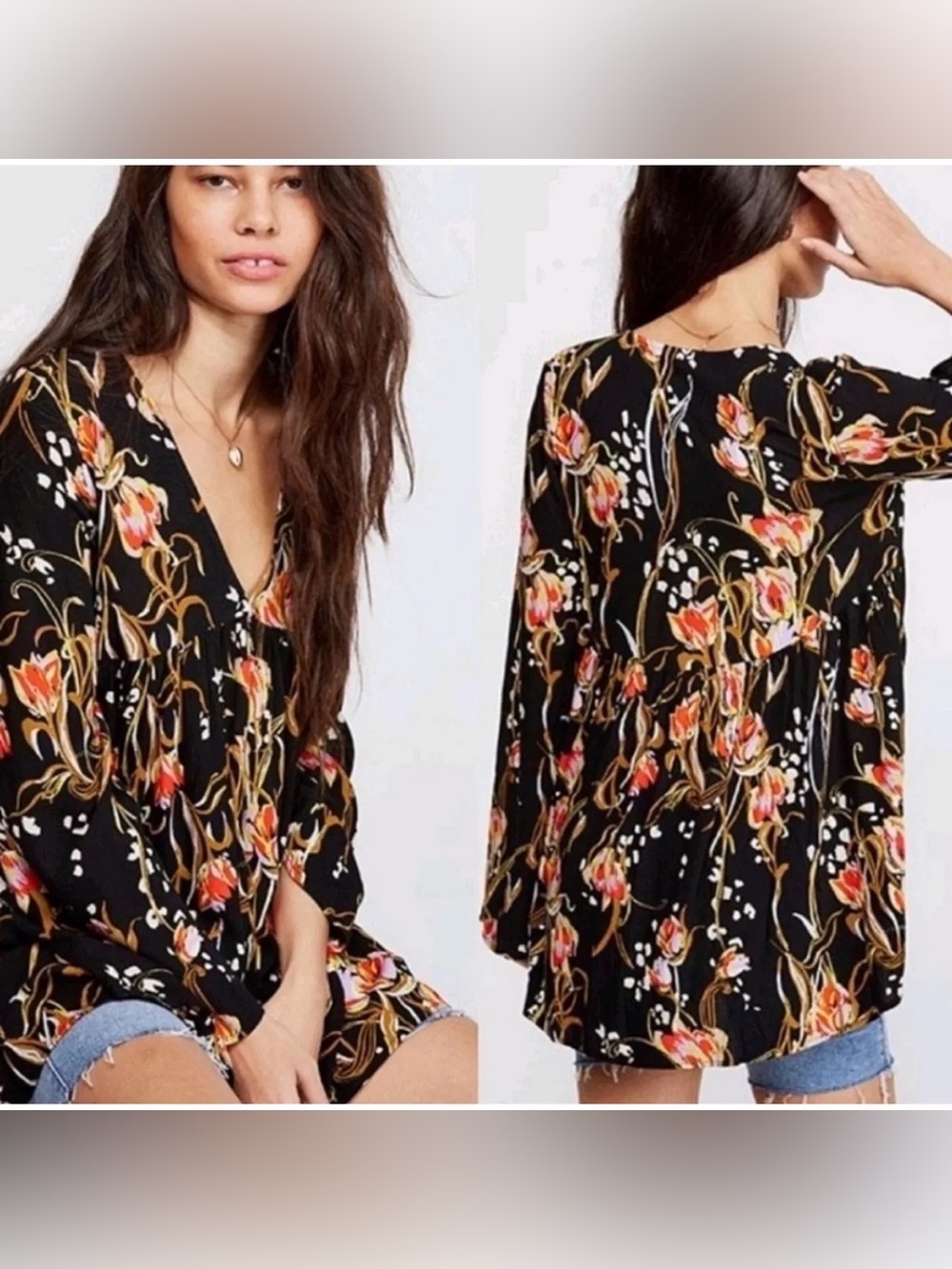 Free People Bella Floral Bell Sleeve Tunic Women's Size Small Boho Festival